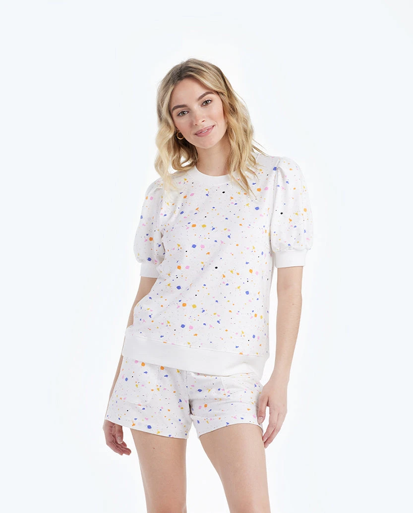 The Softest French Terry Puff Short Sleeve Top - Paint Splatter in White Sand The Softest French Terry Puff Short Sleeve Top - Paint Splatter In White Sand -Summersalt Shop 1 ModelFront 264e91ad 4aad 4507 abcc 065a8a977198