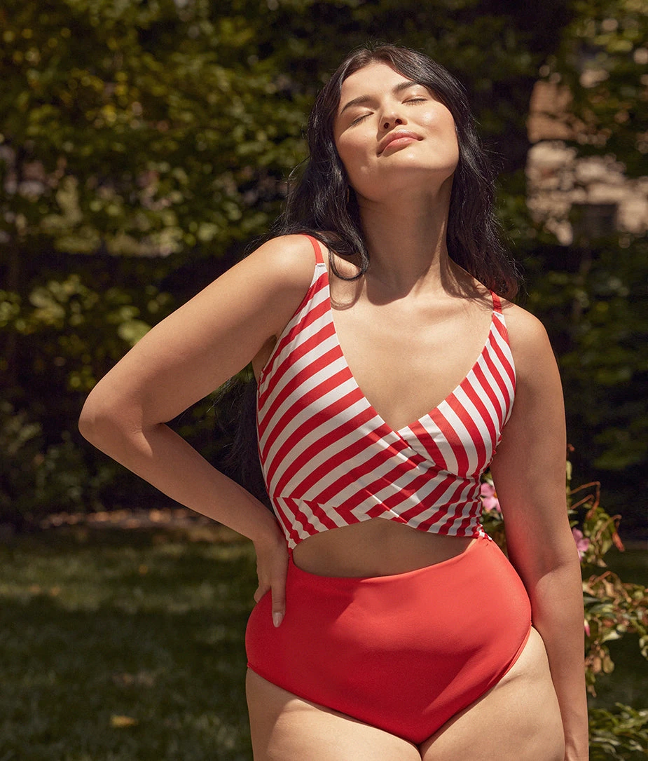 The Sea Breeze Cutout One-Piece - Mixed Stripe in Grapefruit & White Sand The Sea Breeze Cutout One-Piece - Mixed Stripe In Grapefruit & White Sand -Summersalt Shop 1 ModelFront 4cd090b2 19a2 4db1 aaf8 4c1c6fd444a5