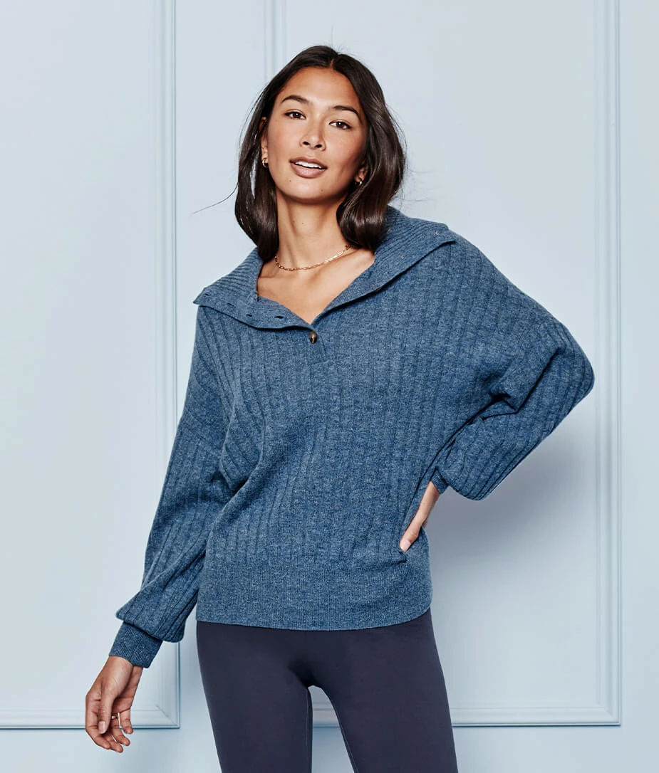 The Coziest Cashmere Blend Ribbed Half-Button Sweater - Steel The Coziest Cashmere Blend Ribbed Half-Button Sweater - Steel -Summersalt Shop 1 ModelFront 57dc305b 2e75 4857 851c 0e4ddf860fe0