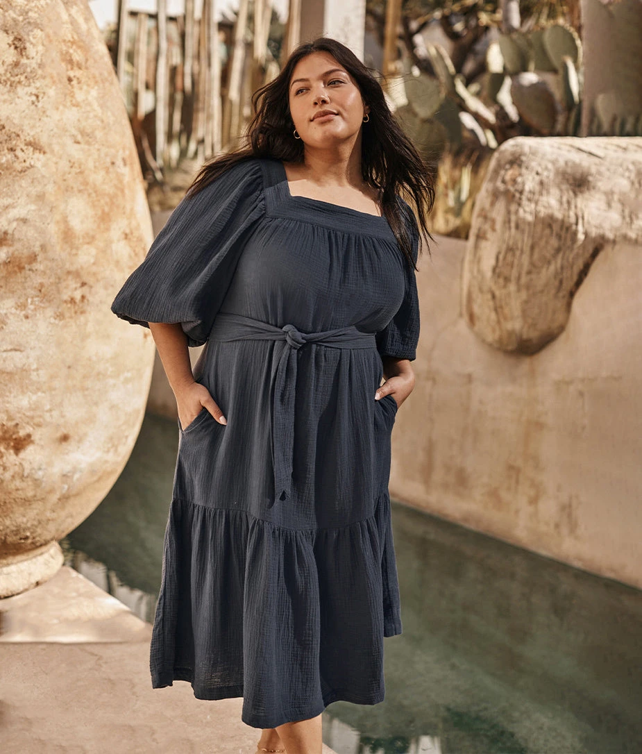 The Going Places Gauze Midi Dress - Midnight The Going Places Gauze Midi Dress - Midnight -Summersalt Shop 1 ModelFront c854dd8e 11a7 45d6 a9ac 87b18c73750d