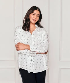 The Perfect Boyfriend Shirt - White Sand & Sea Urchin Pin Dot -Summersalt Shop 1 ModelFront dbb87a33 55ee 4dff a52a e68e5d4c233a