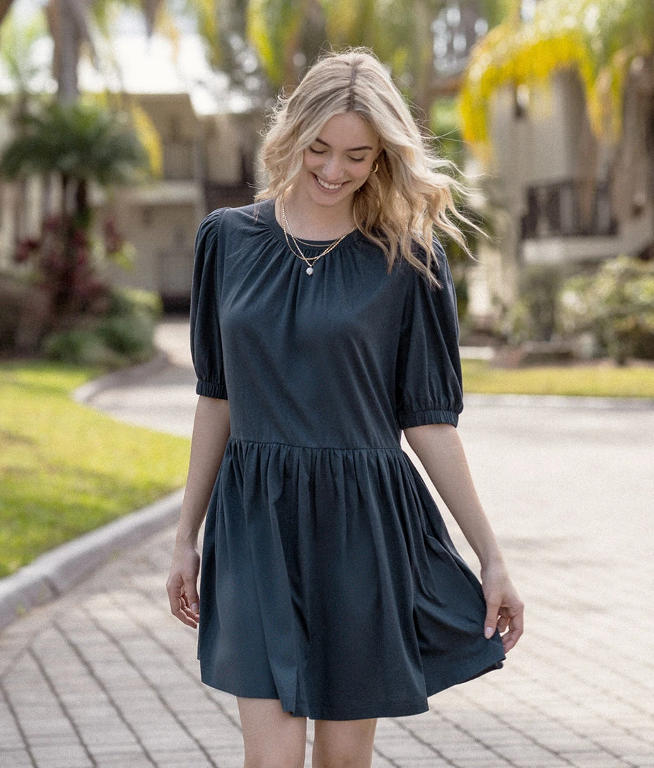 The Luxe Pima Puff-Sleeve Mini Dress - Midnight The Luxe Pima Puff-Sleeve Mini Dress - Midnight -Summersalt Shop 1 ModelFront fa489d0e 3589 40d5 960b 3f9b7ba4d0b6