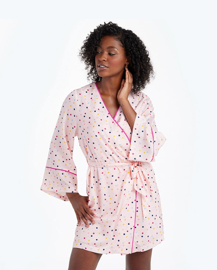 The Cloud 9 Silky Robe - Confetti Dot in Blush & Tangerine The Cloud 9 Silky Robe - Confetti Dot In Blush & Tangerine -Summersalt Shop 1 ModelFront ff60757f 3f97 4520 b36b 1b92c632cef5