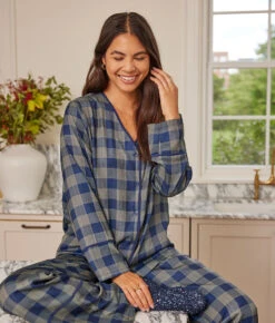 The Cloud 9 Silky Pajama Set - Buffalo Check In Deep Sea & Gold -Summersalt Shop 2ModelFrontBuffalo