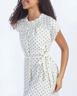 The Silky Flutter Sleeve Dress - White Sand Dot -Summersalt Shop 3 ModelDetailFront d9fb5576 31db 4921 abfe 7afd91fb54cd