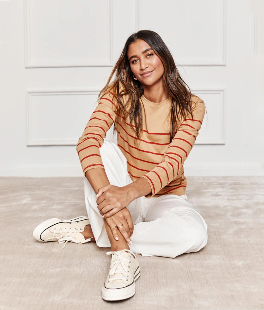 The Luxe Pima Long Sleeve Tee - Toffee & Lava Stripe The Luxe Pima Long Sleeve Tee - Toffee & Lava Stripe -Summersalt Shop 3 ModelFullBody 5a9ef953 9257 4efd 975a cb136f6a2ce0
