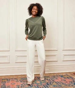 The Softest French Terry Contrast Puff-Sleeve Pullover - Olive & White Sand 6 The Softest French Terry Contrast Puff-Sleeve Pullover - Olive & White Sand -Summersalt Shop 3 ModelFullBody 9ff42122 8649 48c0 8f07 47c1f59da841