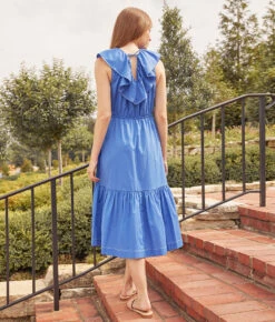 The Coastal Poplin Ruffle-Neck Midi Dress - Indigo -Summersalt Shop 4 ModelDetail 9a41b9cc a87f 45dc 9846 023718006d4b