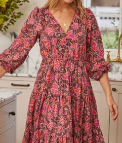 The Countryside Poplin Button Down Midi Dress - Vineyard Blooms In Pinot