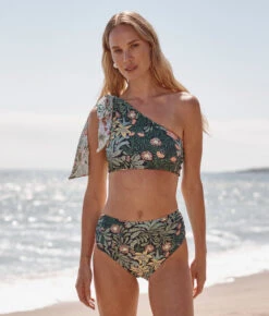 The Bow-Shoulder Ruched Sidestroke Bikini Top - Bower In Seaglass & Watermelon