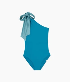 The Bow-Shoulder Ruched Sidestroke - Bluestone & Mist -Summersalt Shop Bow Shoulder Ruched Sidestroke Stone Blue Oceanside FLAT