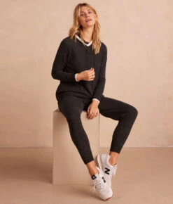 The Coziest Cashmere Blend Hoodie - Charcoal & White Sand -Summersalt Shop CashBlendHoodie SeaUrchin Front Full3