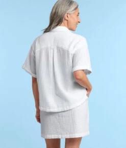 The Cloud Gauze Boxy Cropped Button-Up Shirt - White Sand 4 The Cloud Gauze Boxy Cropped Button-Up Shirt - White Sand -Summersalt Shop CloudGauzeBoxyCroppedButton UpShirtWhiteSandBack1