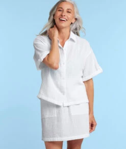 The Cloud Gauze Boxy Cropped Button-Up Shirt - White Sand 5 The Cloud Gauze Boxy Cropped Button-Up Shirt - White Sand -Summersalt Shop CloudGauzeBoxyCroppedButton UpShirtWhiteSandFront1