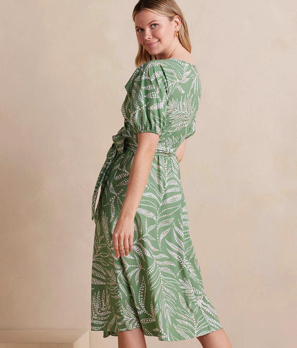 The Coastal Poplin Puff-Sleeve Wrap Midi Dress - Dotted Palms in Seagreen & White Sand The Coastal Poplin Puff-Sleeve Wrap Midi Dress - Dotted Palms In Seagreen & White Sand -Summersalt Shop CoastalPoplinPuff SleeveWrapMidiDress DottedPalmsinSeagreen WhiteSand Back Crop