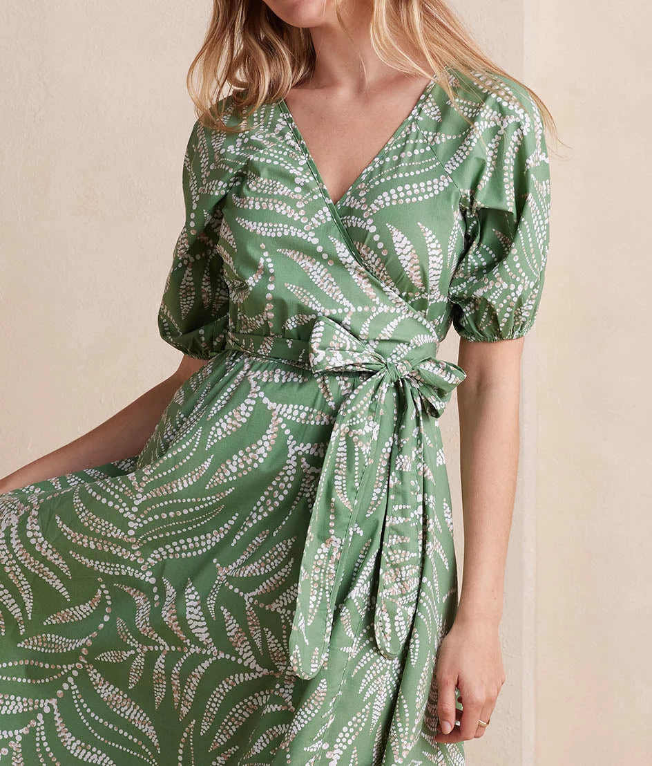 The Coastal Poplin Puff-Sleeve Wrap Midi Dress - Dotted Palms in Seagreen & White Sand The Coastal Poplin Puff-Sleeve Wrap Midi Dress - Dotted Palms In Seagreen & White Sand -Summersalt Shop CoastalPoplinPuff SleeveWrapMidiDress DottedPalmsinSeagreen WhiteSand Detail