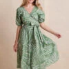 The Coastal Poplin Puff-Sleeve Wrap Midi Dress - Dotted Palms In Seagreen & White Sand -Summersalt Shop CoastalPoplinPuff SleeveWrapMidiDress DottedPalmsinSeagreen WhiteSand Front Crop