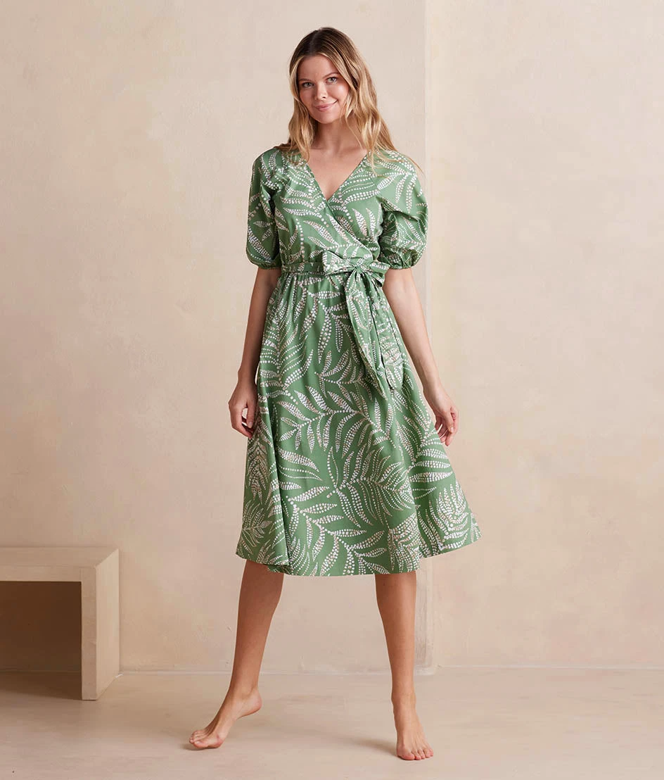 The Coastal Poplin Puff-Sleeve Wrap Midi Dress - Dotted Palms in Seagreen & White Sand The Coastal Poplin Puff-Sleeve Wrap Midi Dress - Dotted Palms In Seagreen & White Sand -Summersalt Shop CoastalPoplinPuff SleeveWrapMidiDress DottedPalmsinSeagreen WhiteSand Front Full