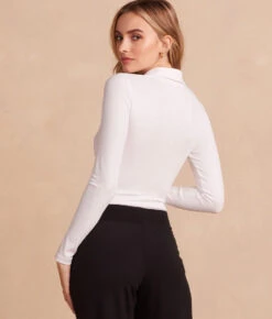 The Essential Long Sleeve Collared Bodysuit - White Sand 4 The Essential Long Sleeve Collared Bodysuit - White Sand -Summersalt Shop CollaredBodysuits WhiteSand Back Crop