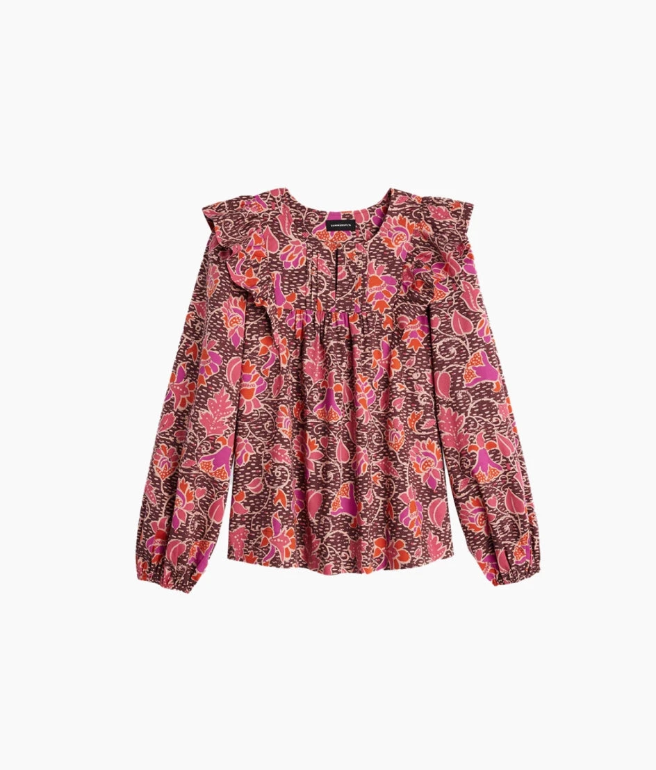 The Countryside Poplin Ruffle Blouse - Vineyard Blooms in Pinot The Countryside Poplin Ruffle Blouse - Vineyard Blooms In Pinot -Summersalt Shop Countryside Poplin Ruffle Blouse Vineyard Blooms in Pinot 5