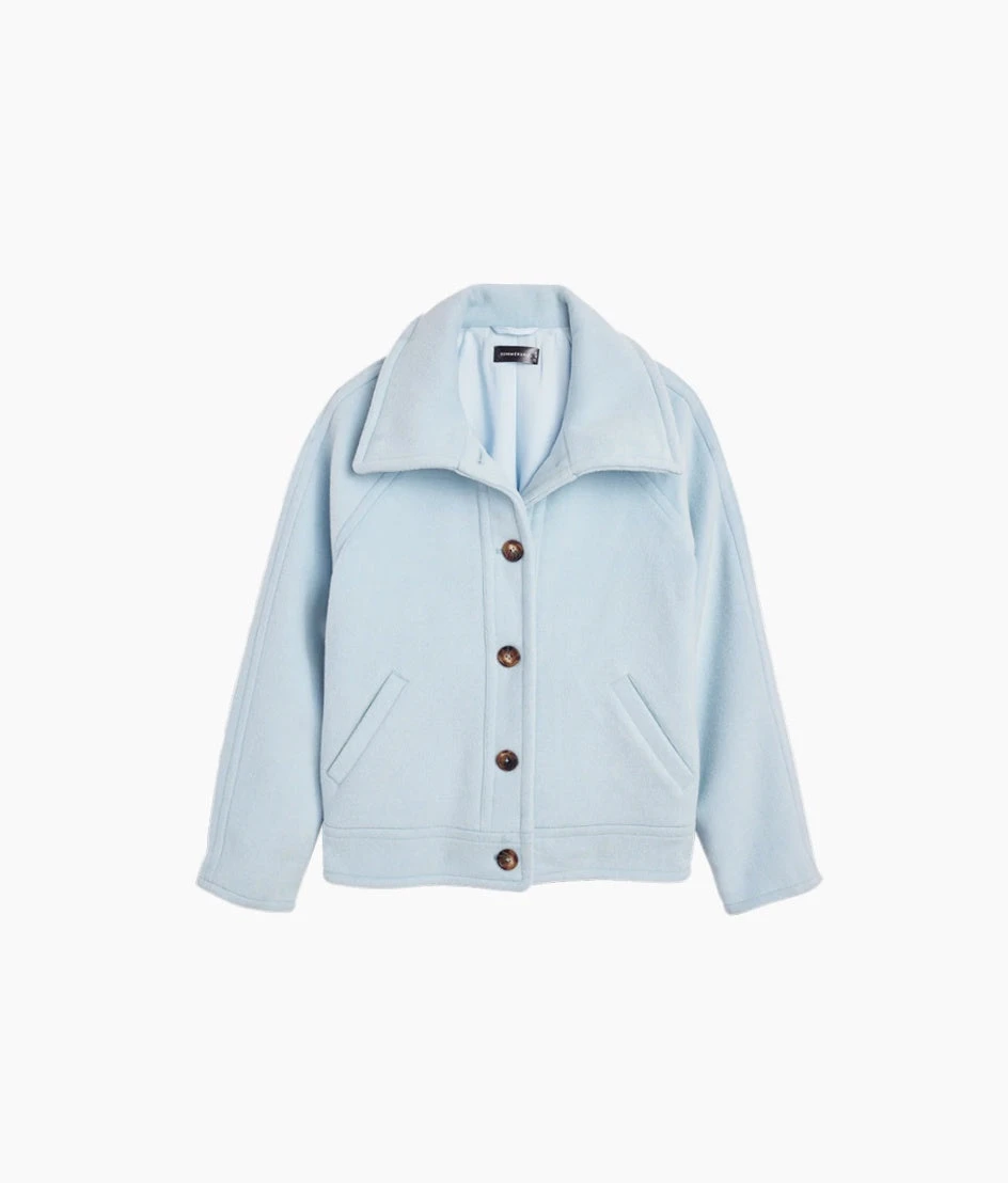 The Warmest Wool Short Coat - Frost The Warmest Wool Short Coat - Frost -Summersalt Shop Countryside Poplin Ruffle Blouse Vineyard Blooms in Pinot 6