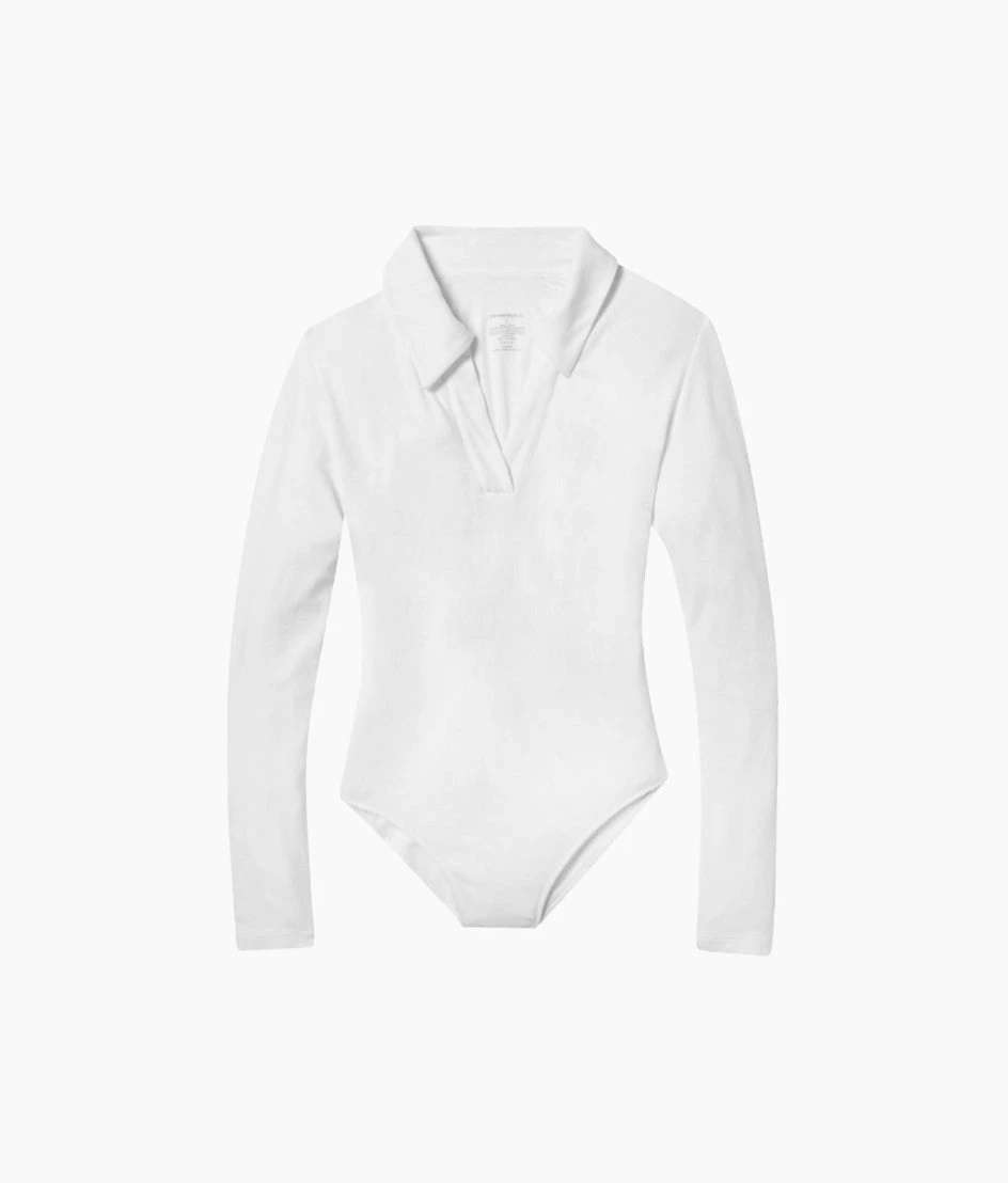 The Essential Long Sleeve Collared Bodysuit - White Sand The Essential Long Sleeve Collared Bodysuit - White Sand -Summersalt Shop Essential Long Sleeve Collared Bodysuit White Sand