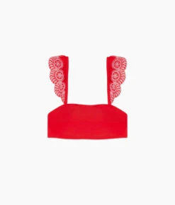 The Eyelet Ruffle Oasis Top - Lava 6 The Eyelet Ruffle Oasis Top - Lava -Summersalt Shop Eyelet Ruffle Oasis Bikini Top Lava Flower Stitching FLAT
