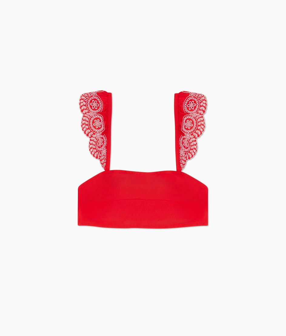 The Eyelet Ruffle Oasis Top - Lava The Eyelet Ruffle Oasis Top - Lava -Summersalt Shop Eyelet Ruffle Oasis Bikini Top Lava Flower Stitching FLAT