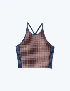 The High Neck Midi Sports Bra Tank - Gingham In Blue Mountain & Toffee