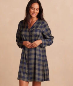 The Cloud 9 Boyfriend Sleep Shirt - Buffalo Check In Deep Sea & Gold -Summersalt Shop Front Crop TheCloud9BoyfriendSleepShirt BuffaloCheckinDeepSea Gold
