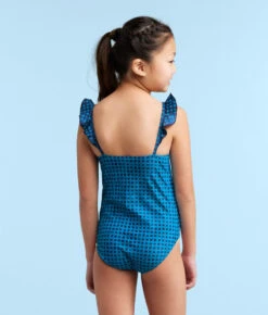 The Girls' Ruffle One Piece - Gingham In Calypso -Summersalt Shop Girls RuffleOnePieceMixedGinghaminCalypsoBack1