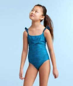 The Girls' Ruffle One Piece - Gingham In Calypso -Summersalt Shop Girls RuffleOnePieceMixedGinghaminCalypsoFront2