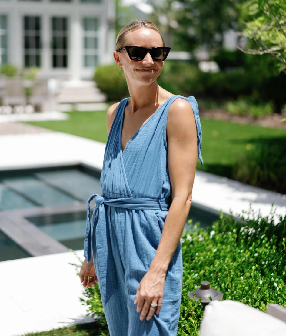 The Going Places Gauze Tie-Shoulder Jumpsuit - Cyprus Blue The Going Places Gauze Tie-Shoulder Jumpsuit - Cyprus Blue -Summersalt Shop Going Places Gauze Tie Shoulder Jumpsuit Cyprus Blue 2