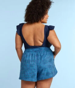 The High Tide Swim Shorts - Gingham In Deep Sea -Summersalt Shop HighTideSwimShortsMixedGinghaminDeepSeaBack2
