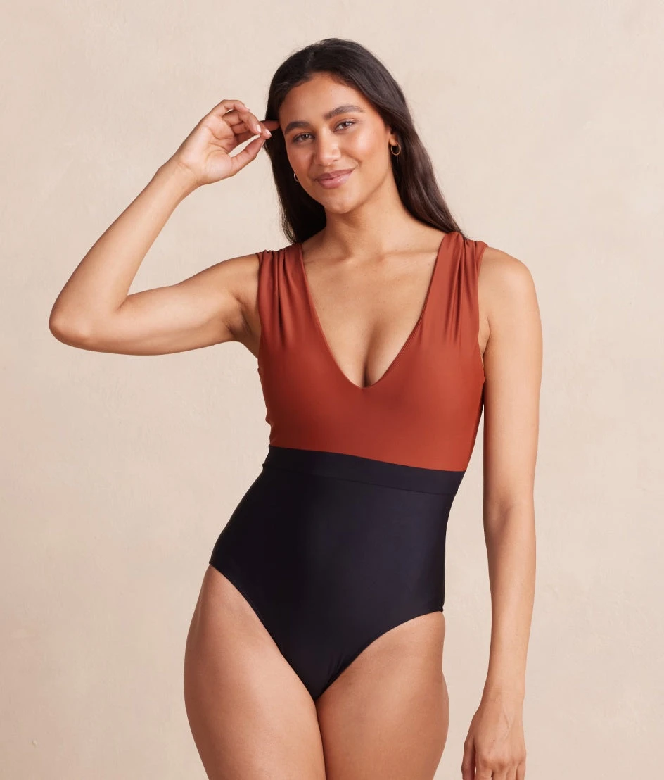 The Long Torso Ruched Backflip - Amber & Sea Urchin The Long Torso Ruched Backflip - Amber & Sea Urchin -Summersalt Shop Long Torso Ruched Backflip Amber Sea Urchin 1 Front