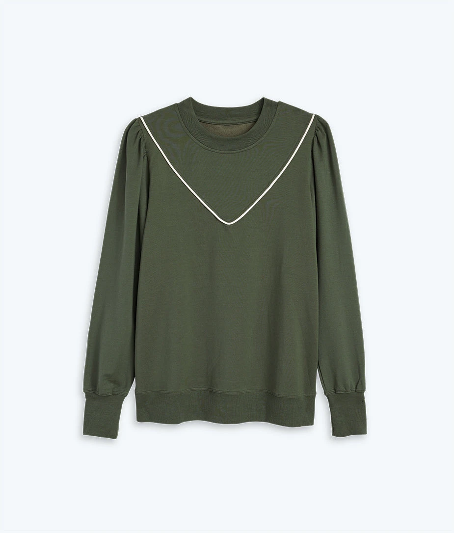 The Softest French Terry Contrast Puff-Sleeve Pullover - Olive & White Sand The Softest French Terry Contrast Puff-Sleeve Pullover - Olive & White Sand -Summersalt Shop OliveFlatLay