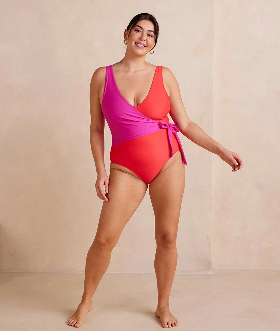 The Long Torso Perfect Wrap One Piece - Hibiscus & Grapefruit The Long Torso Perfect Wrap One Piece - Hibiscus & Grapefruit -Summersalt Shop PWOP Hibiscus Grapefruit Front Full