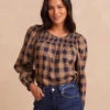 The Perfect Smocked Cotton Top - Buffalo Check In Midnight & Toffee -Summersalt Shop PerfectSmockedCottonTop BuffaloCheckinMidnight Toffee Front Crop
