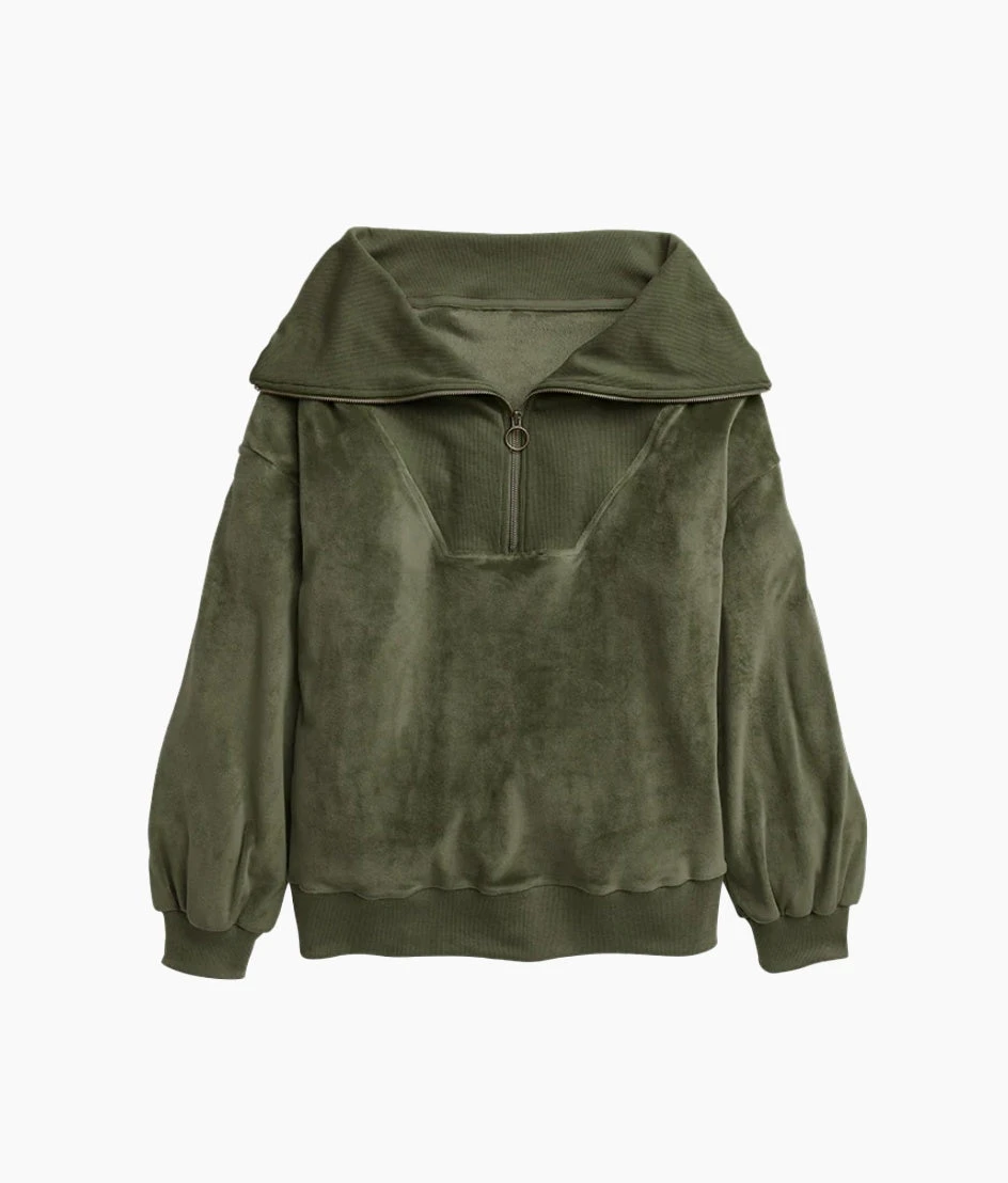The Plush Velour Half-Zip Pullover - Olive The Plush Velour Half-Zip Pullover - Olive -Summersalt Shop Plush Velour Half Zip Pullover Olive 5