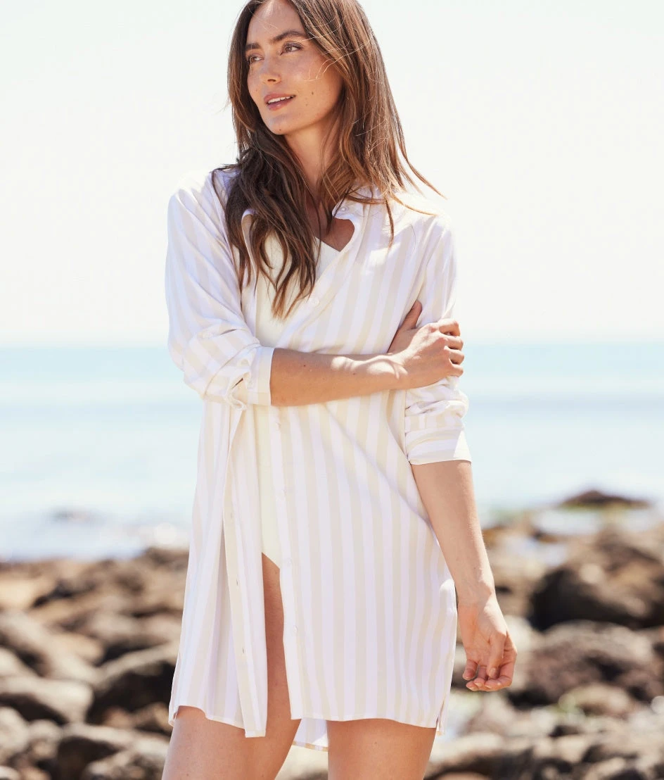 The Silky Luxe Short Effortless Shirtdress Cover-Up - Beach Stripe in Sandshell The Silky Luxe Short Effortless Shirtdress Cover-Up - Beach Stripe In Sandshell -Summersalt Shop Silky Luxe Effortless Shirtdress Cover Up Stripe 1