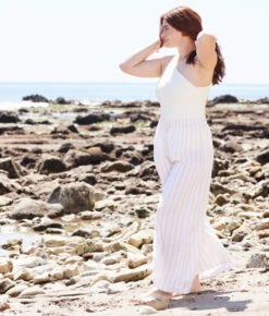 The Silky Luxe Palazzo Pants With Ties - Beach Stripe In Sandshell 4 The Silky Luxe Palazzo Pants With Ties - Beach Stripe In Sandshell -Summersalt Shop Silky Luxe Palazzo Pants with Ties Stripe 3