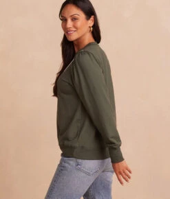 The Softest French Terry Contrast Puff-Sleeve Pullover - Olive & White Sand 4 The Softest French Terry Contrast Puff-Sleeve Pullover - Olive & White Sand -Summersalt Shop SoftestFrenchTerryContrastPuff SleevePullover Olive WhiteSand Back Crop