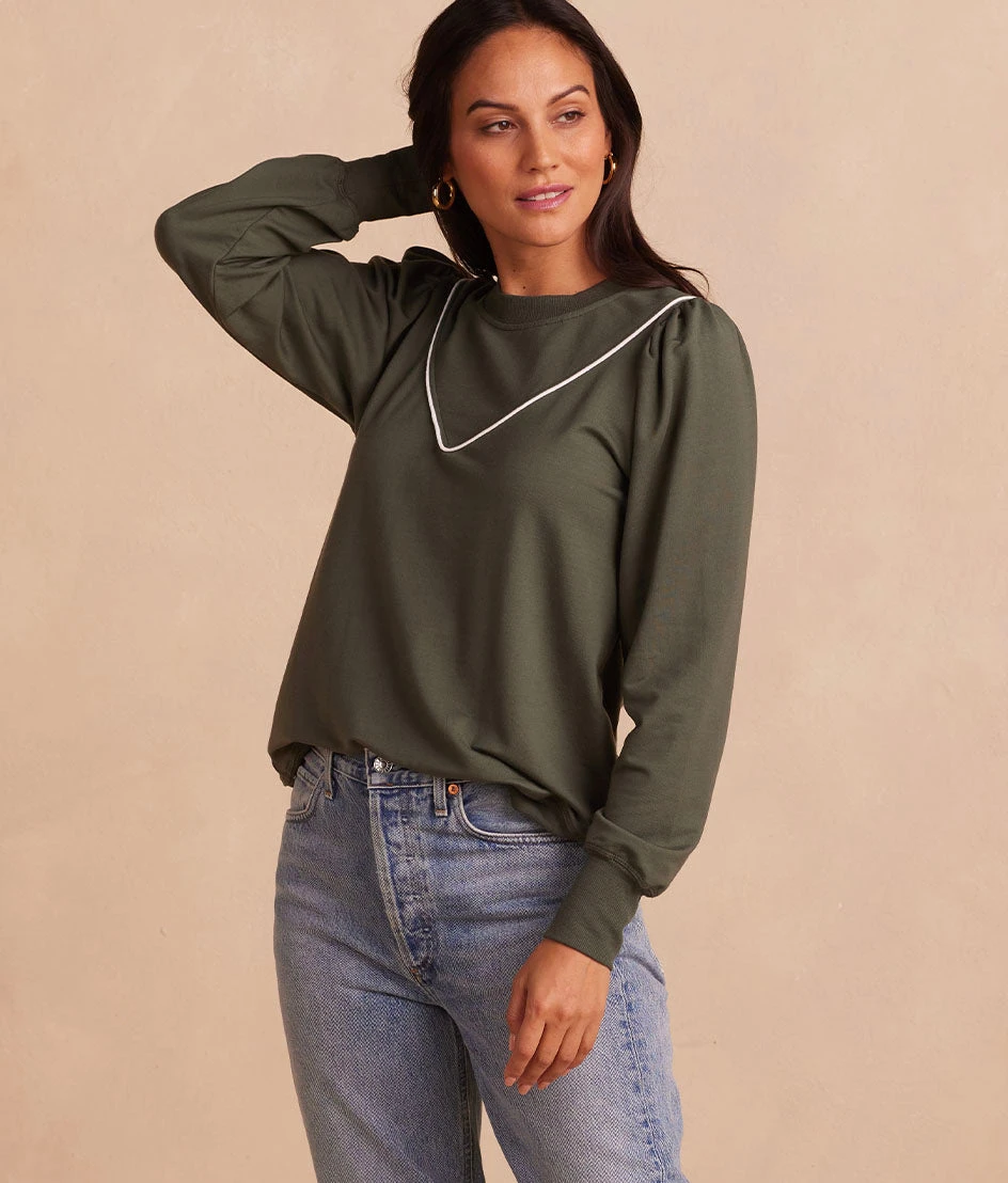 The Softest French Terry Contrast Puff-Sleeve Pullover - Olive & White Sand The Softest French Terry Contrast Puff-Sleeve Pullover - Olive & White Sand -Summersalt Shop SoftestFrenchTerryContrastPuff SleevePullover Olive WhiteSand Front Crop