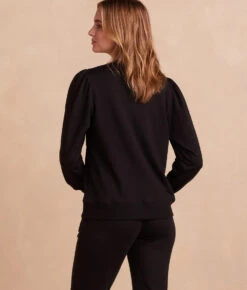 The Softest French Terry Contrast Puff-Sleeve Pullover - Sea Urchin & White Sand -Summersalt Shop SoftestFrenchTerryContrastPuff SleevePullover SeaUrchin WhiteSand Back Crop