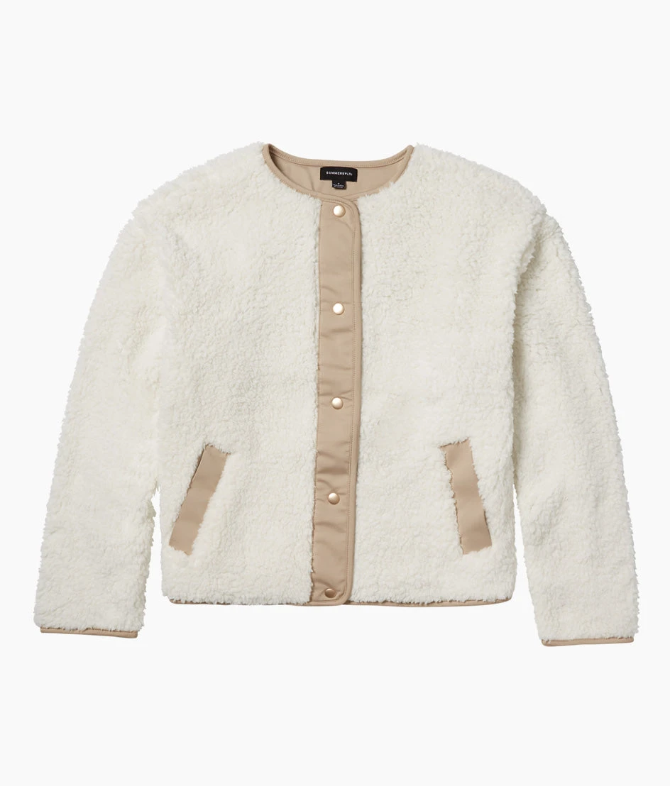 The High Pile Short Sherpa Jacket - White Sand & Moonlight The High Pile Short Sherpa Jacket - White Sand & Moonlight -Summersalt Shop TheHighPileEcoButton UpSherpaJacket WhiteSand Moonlight Flatlay