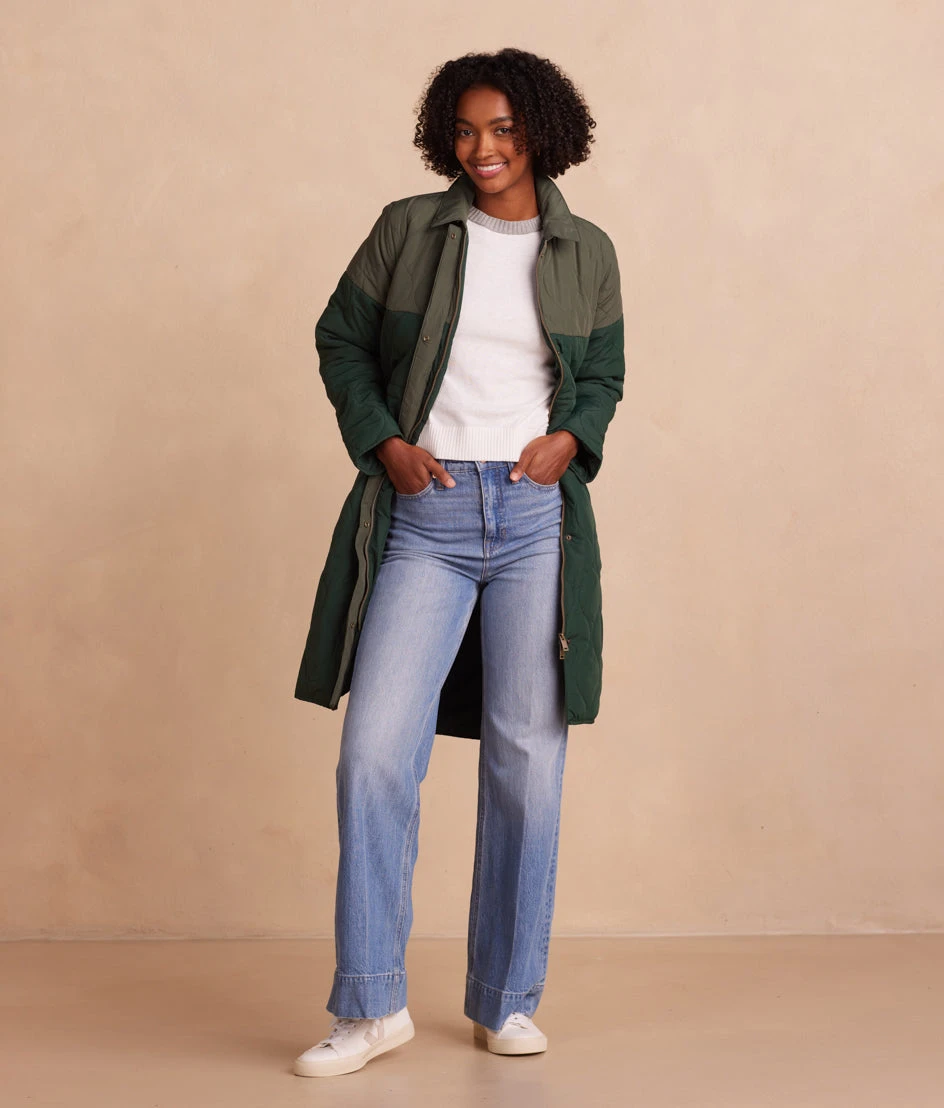The Long Colorblock Eco Quilted Coat - Olive & Eden The Long Colorblock Eco Quilted Coat - Olive & Eden -Summersalt Shop TheLongColorblockEcoQuiltedCoat Olive Eden FrontFull