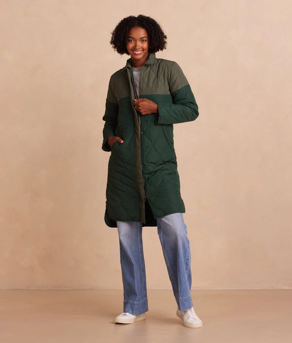 The Long Colorblock Eco Quilted Coat - Olive & Eden The Long Colorblock Eco Quilted Coat - Olive & Eden -Summersalt Shop TheLongColorblockEcoQuiltedCoat Olive Eden FrontFull2