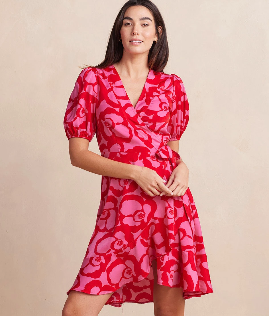The Silky Luxe Puff Sleeve Beach to Brunch Wrap Dress - Pop Floral in Lava The Silky Luxe Puff Sleeve Beach To Brunch Wrap Dress - Pop Floral In Lava -Summersalt Shop