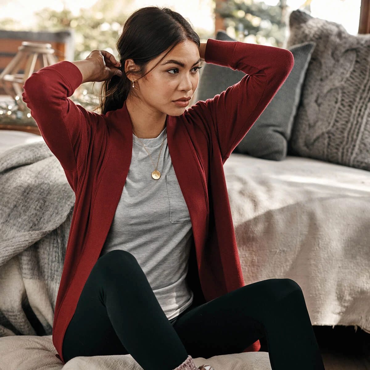 The Softest Ribbed Cardigan - Pinot The Softest Ribbed Cardigan - Pinot -Summersalt Shop TheSoftestRibbedCardigan Pinot OnModel