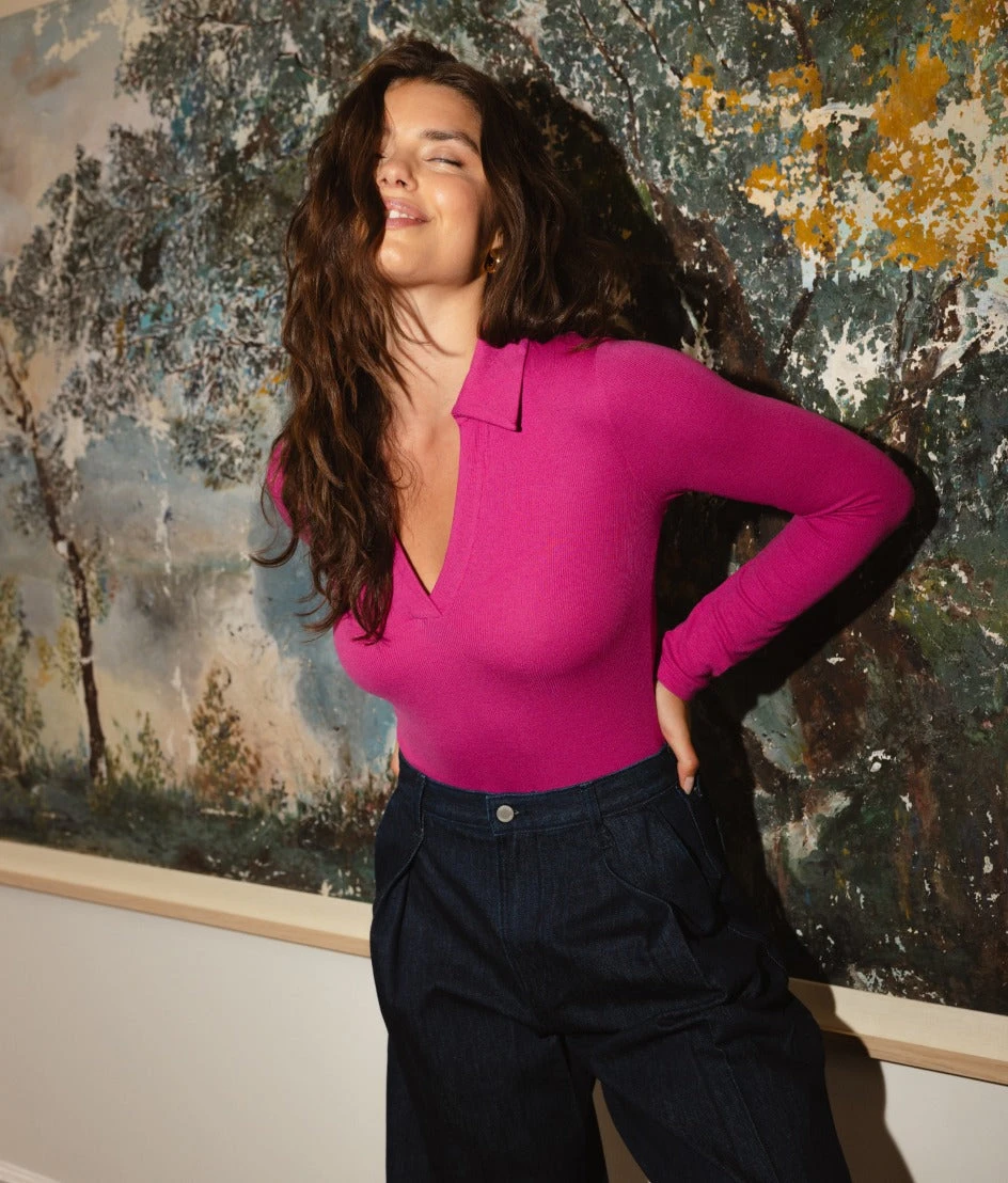 The Essential Long Sleeve Collared Bodysuit - Hibiscus The Essential Long Sleeve Collared Bodysuit - Hibiscus -Summersalt Shop The Essential Long Sleeve Collared Bodysuit 1